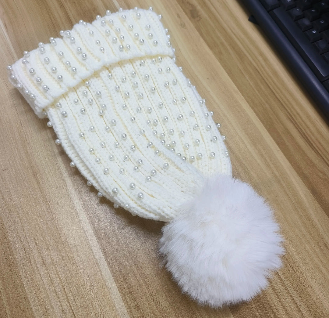 Pearl & Rhinestone Pom Pom Beanie-HighTouch