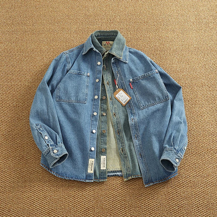 Retro Heavyweight Denim Cargo Shirt Men  Cotton Washed Overshirt Jacket