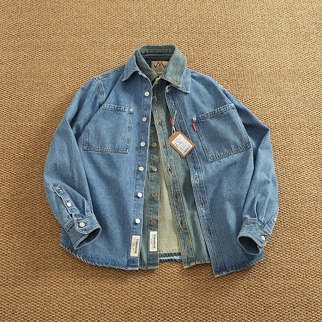 Retro Heavyweight Denim Cargo Shirt Men  Cotton Washed Overshirt Jacket