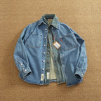 Retro Heavyweight Denim Cargo Shirt Men Cotton Washed Overshirt Jacket-HighTouch