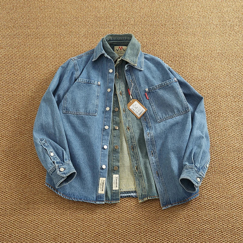 Retro Heavyweight Denim Cargo Shirt Men  Cotton Washed Overshirt Jacket