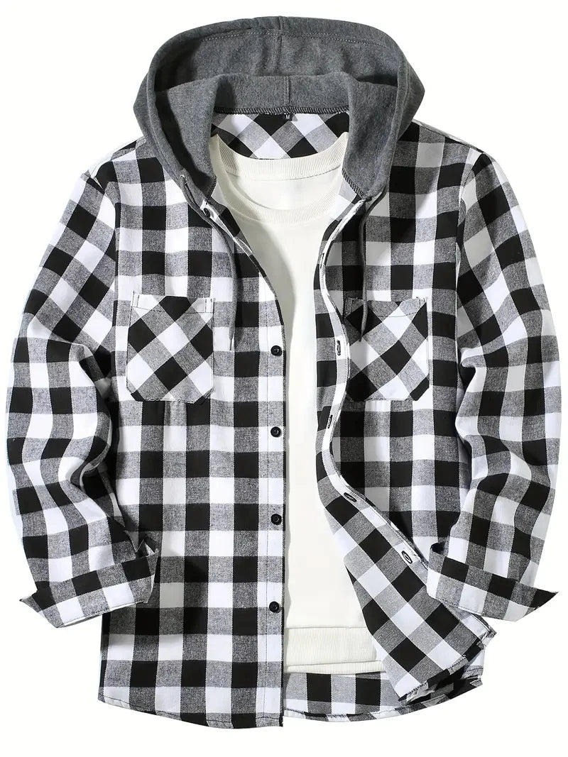 Men's Hooded Plaid Flannel Shirt - Slim Fit Shacket Jacket
