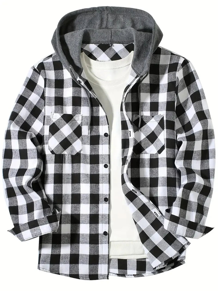 Men's Hooded Plaid Flannel Shirt - Slim Fit Shacket Jacket