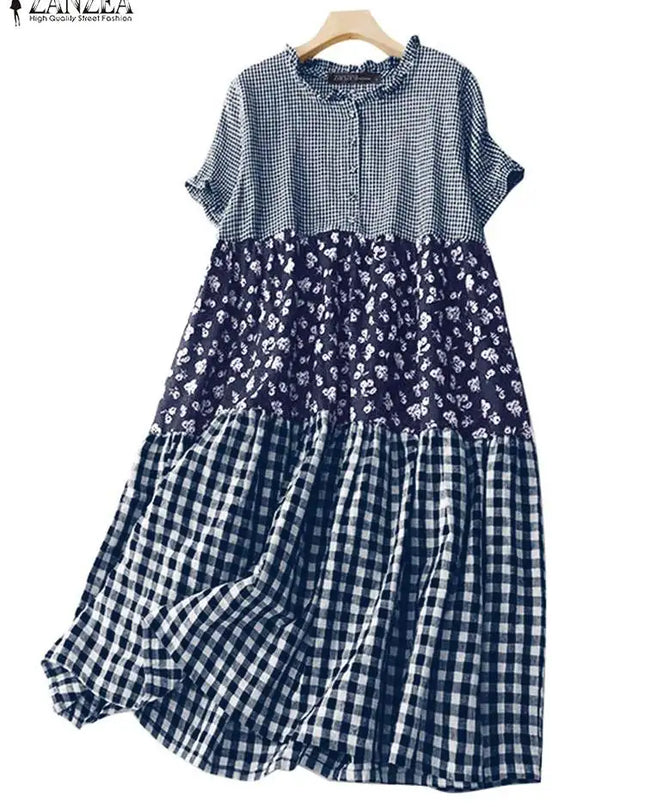 Zanzea Plaid Pleated Maxi Dress