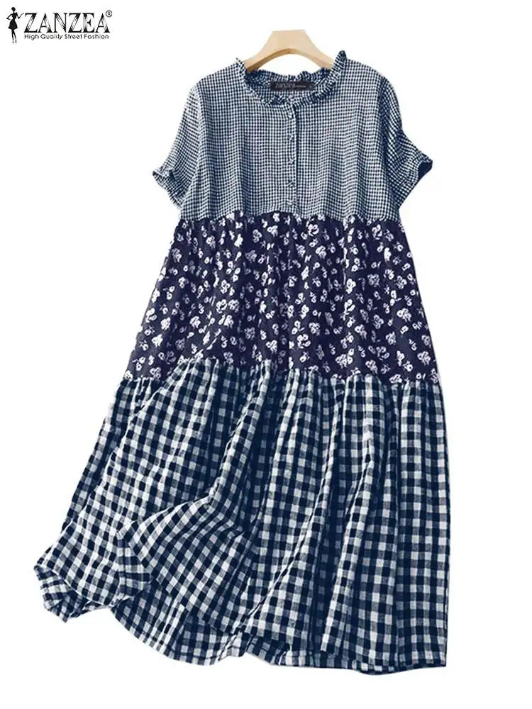 Zanzea Plaid Pleated Maxi Dress-HighTouch