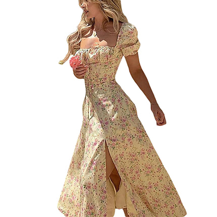 Puff-Sleeve Floral Maxi Dress – Lace-Up Bodice & High Split