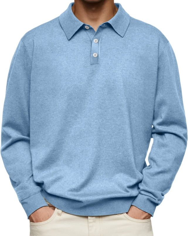 Men’s Long-Sleeve V-Collar Solid Polo Shirt – Loose Fit Casual Knitwear
