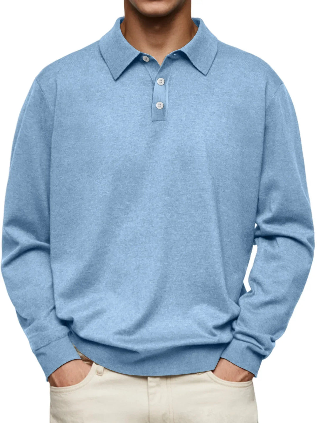 Men’s Long-Sleeve V-Collar Solid Polo Shirt – Loose Fit Casual Knitwear-HighTouch