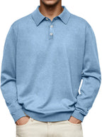Men’s Long-Sleeve V-Collar Solid Polo Shirt – Loose Fit Casual Knitwear-HighTouch
