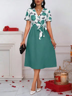 Women's Floral Print V-Neck Tie Waist Midi Dress