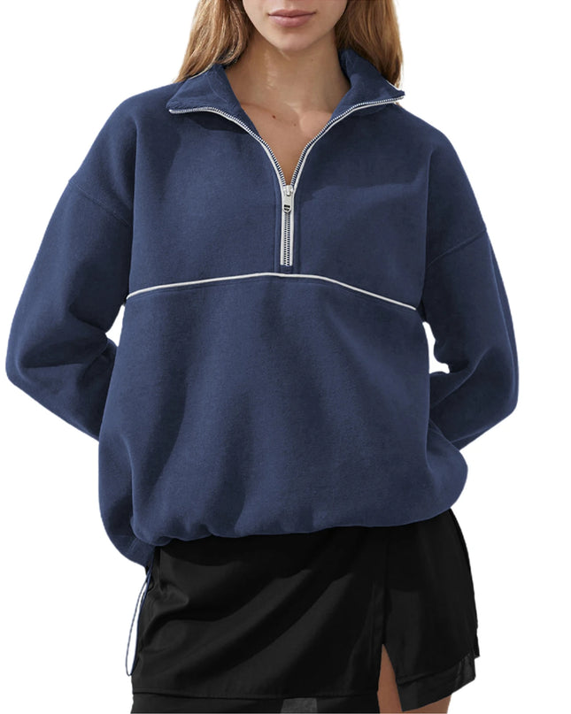 Colour-Block Half-Zip Pullover Sweatshirt – Loose Streetwear Long Sleeve