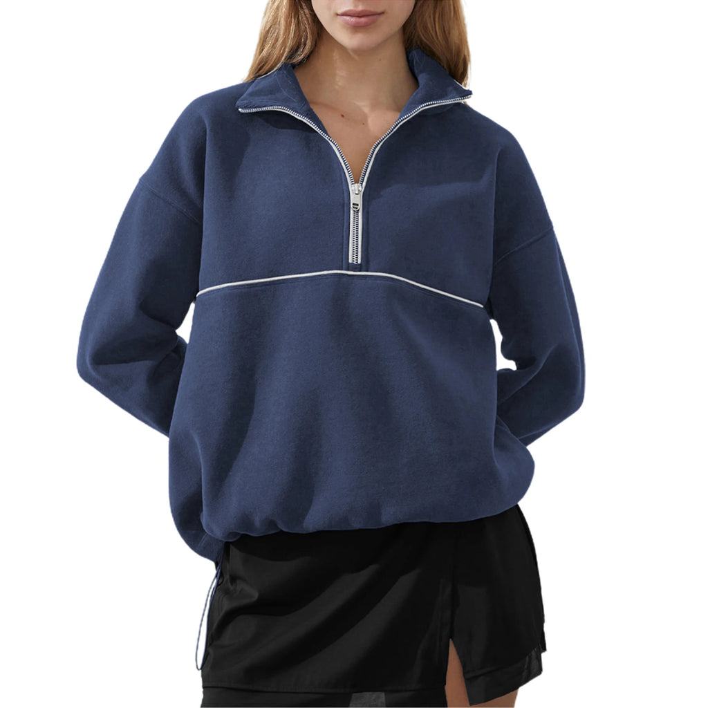 Colour-Block Half-Zip Pullover Sweatshirt – Loose Streetwear Long Sleeve-HighTouch