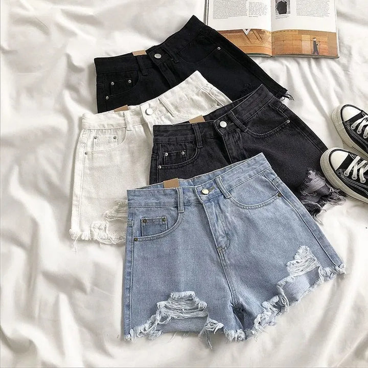 High‑Waist Tassel Ripped Denim Shorts – Y2K Streetwear Essentials-HighTouch