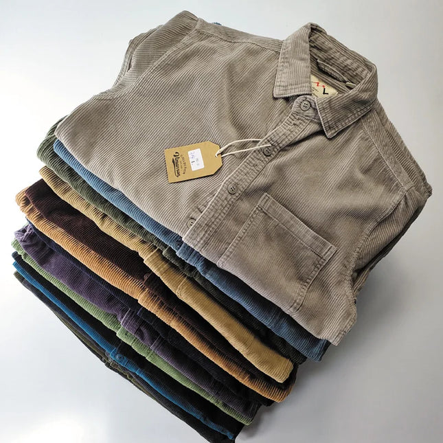 Vintage Retro Corduroy Button-Down Shirt Men –  Cotton Long Sleeve
