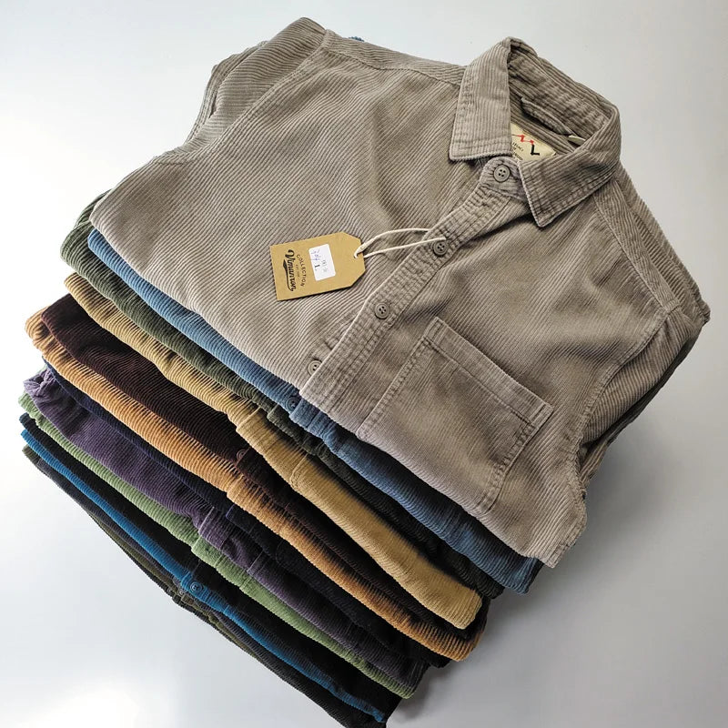 Vintage Retro Corduroy Button-Down Shirt Men – Cotton Long Sleeve-HighTouch