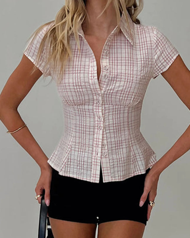 Plaid Button-Down Shirt – 90s Summer Top for Women