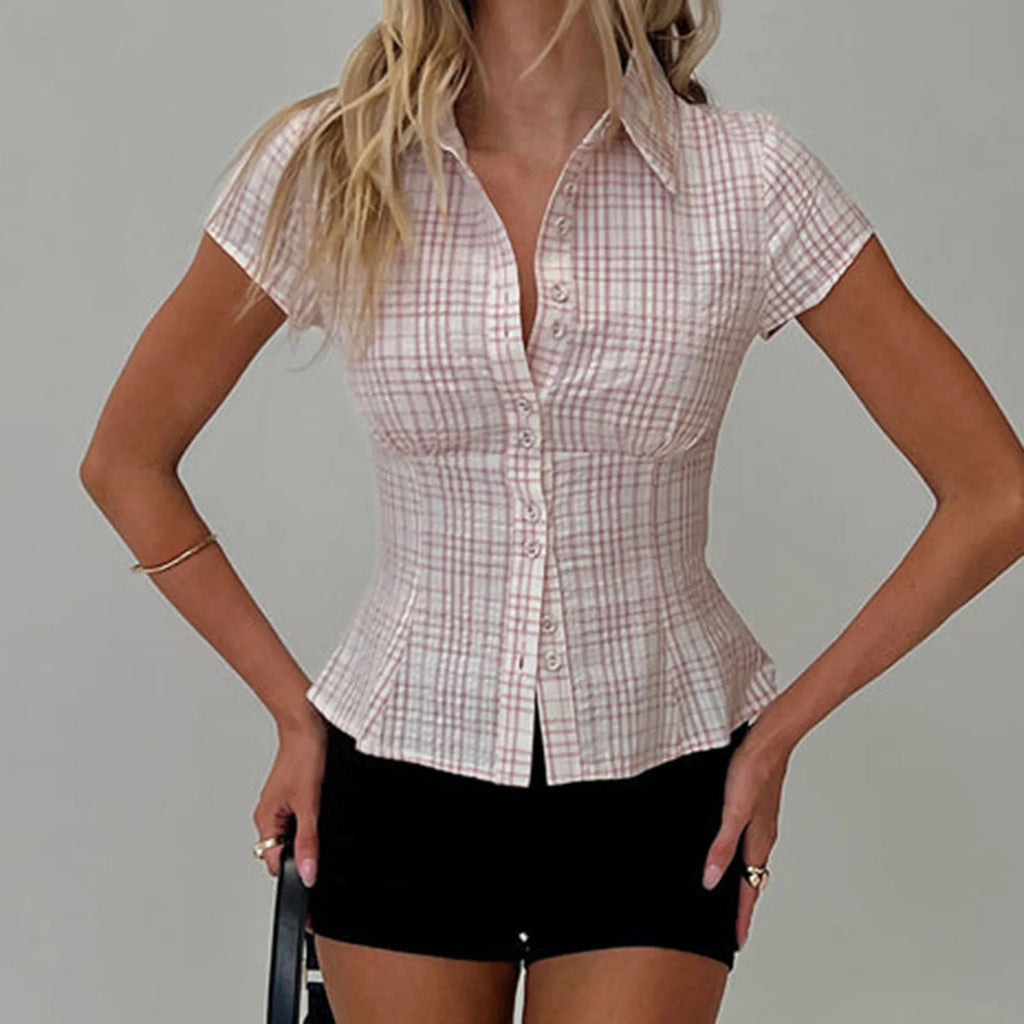 Plaid Button-Down Shirt – 90s Summer Top for Women-HighTouch