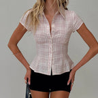 Plaid Button-Down Shirt – 90s Summer Top for Women-HighTouch