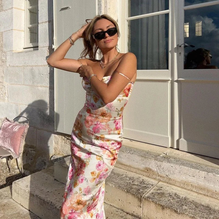 Floral Spaghetti Strap Maxi Dress – Elegant Summer Wedding Guest Gown-HighTouch