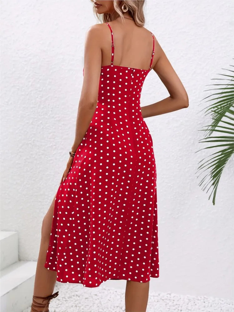 Polka-Dot Spaghetti Strap Midi Dress-HighTouch