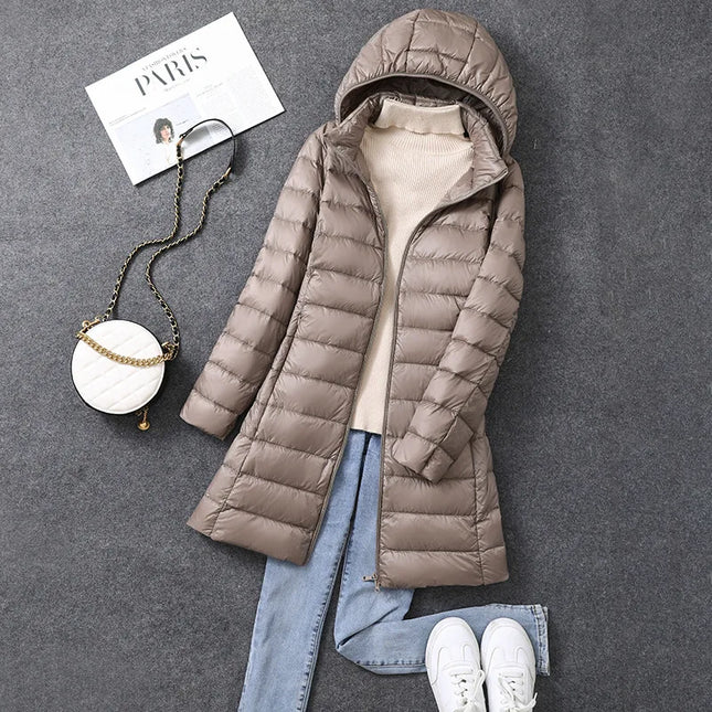Women's X-Long Office Lady Hat Detachable Puffer Jacket