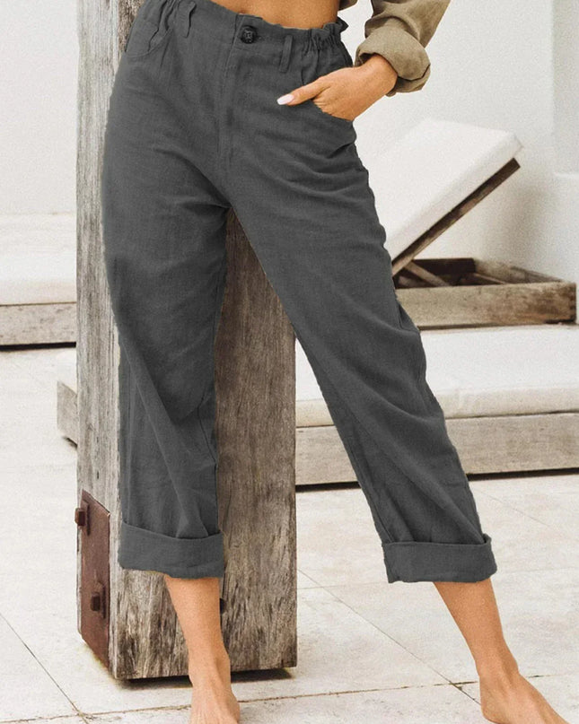 Spring Cotton-Linen Women’s Loose Button Pockets Pants – Elegant & Breathable