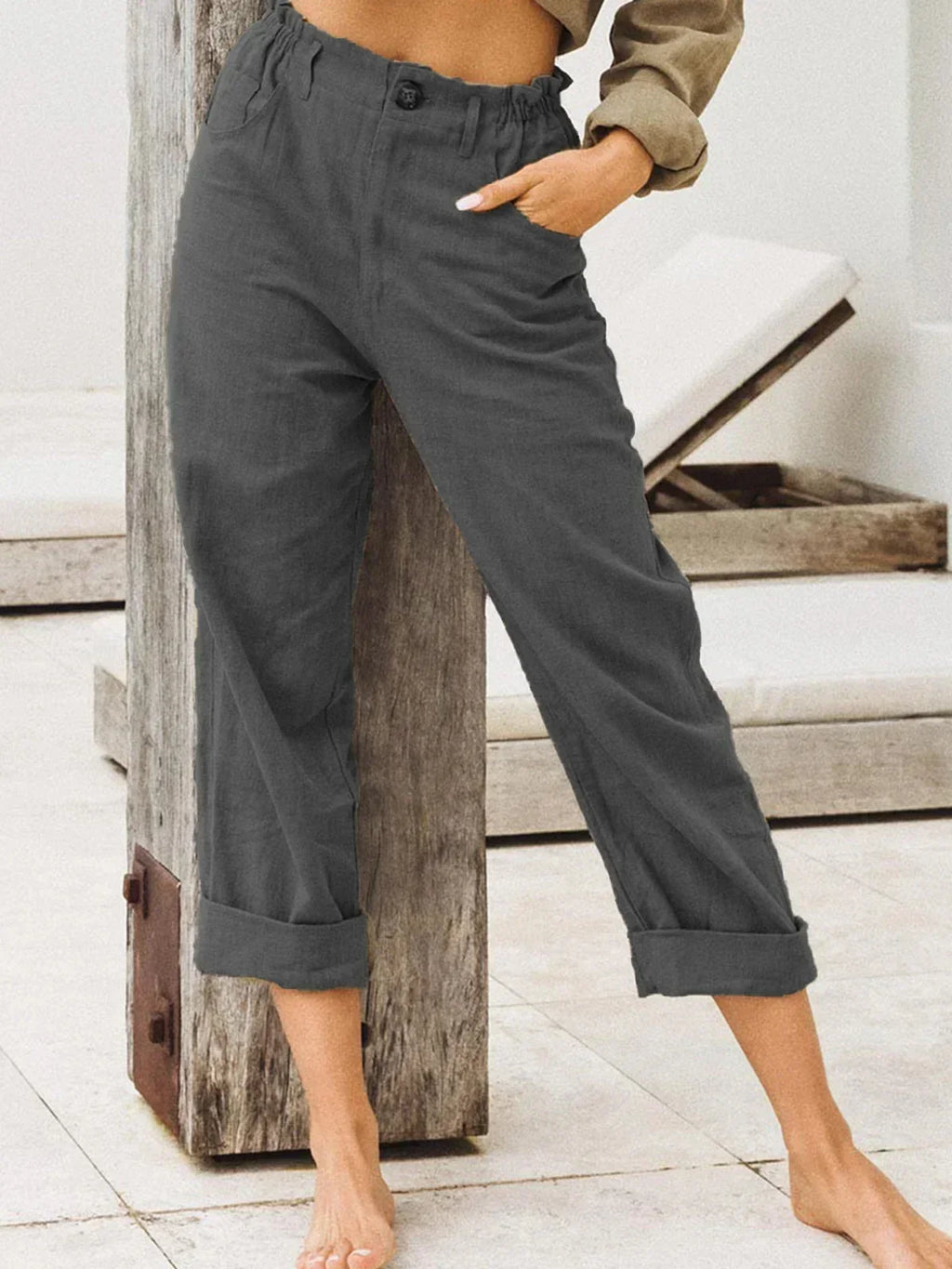 Spring Cotton-Linen Women’s Loose Button Pockets Pants – Elegant & Breathable-HighTouch
