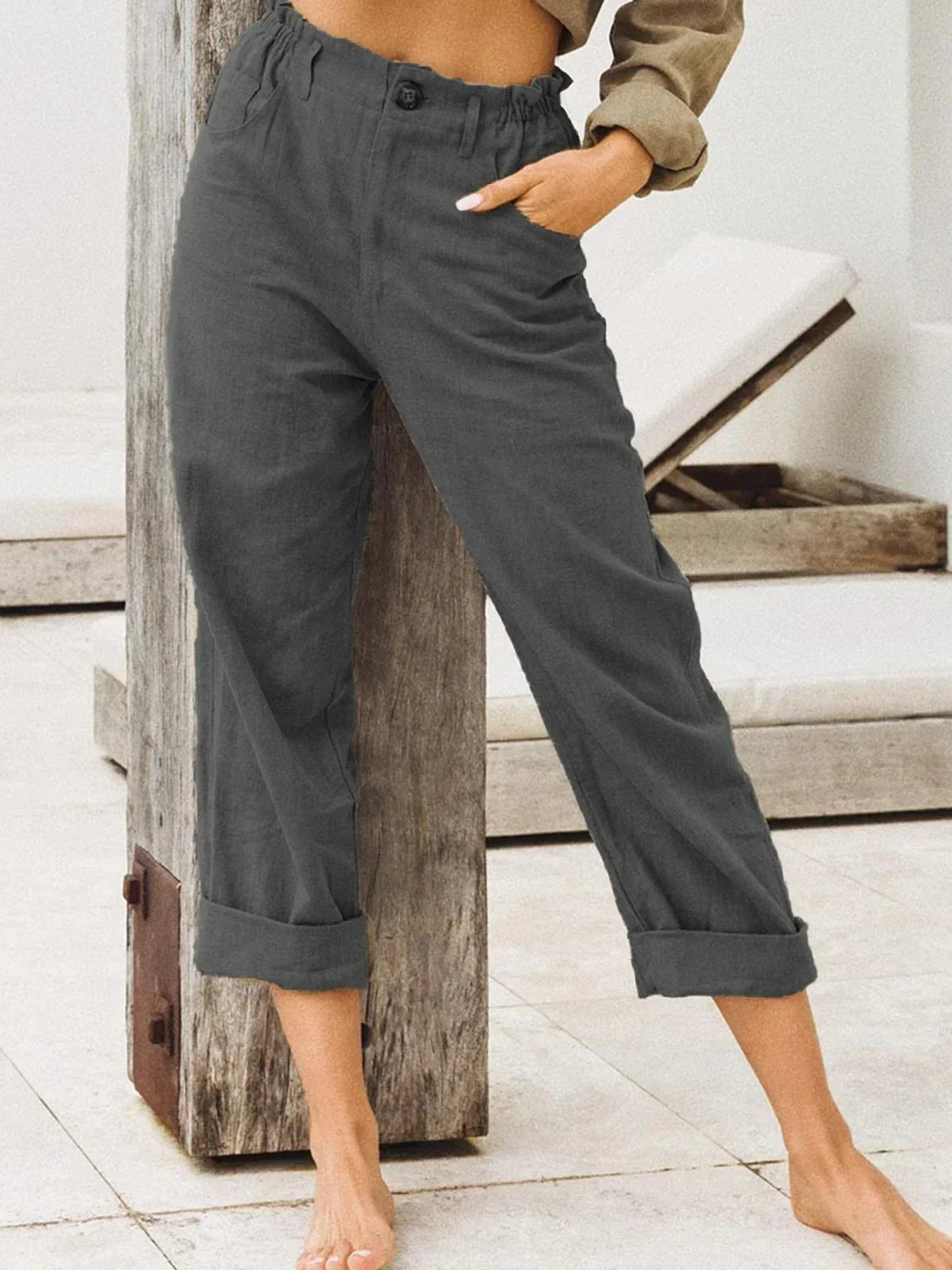 Spring Cotton-Linen Women’s Loose Button Pockets Pants – Elegant & Breathable