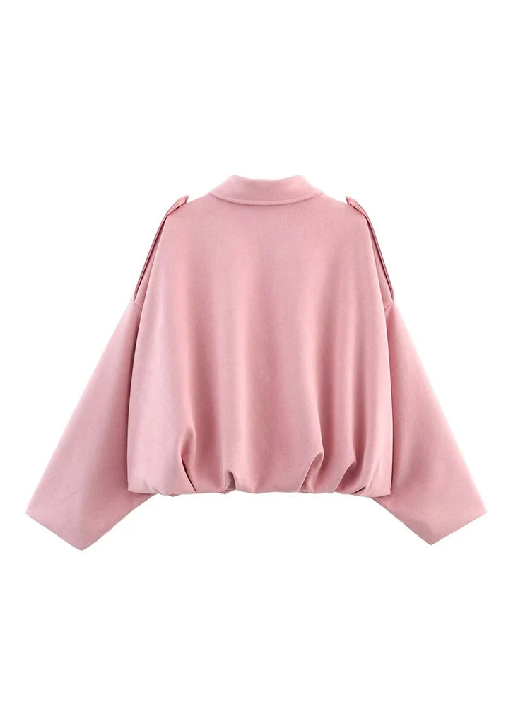 Women Oversized Suede Bomber Jacket Casual Zip Up-HighTouch