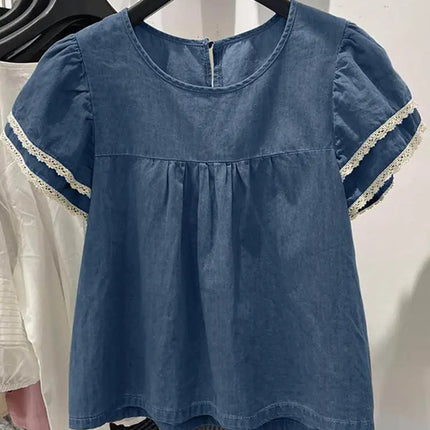 Zanzea Lace Patchwork Denim Blouse – Casual Summer Top for Women