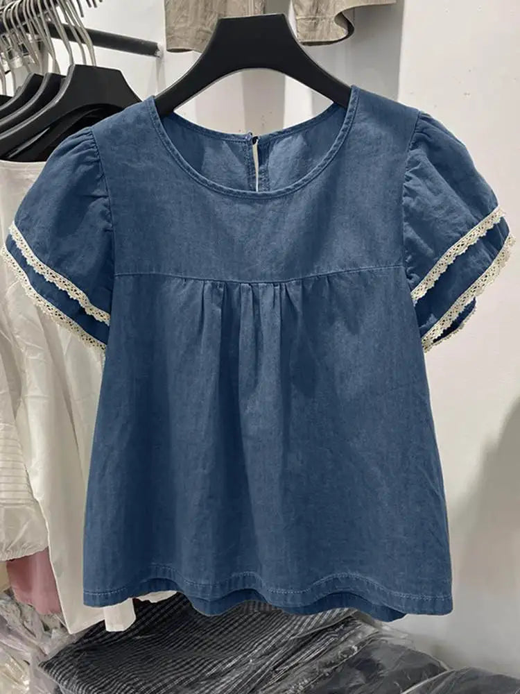 Camicia in denim con pizzo e toppe Zanzea – Maglia estiva informale per donne