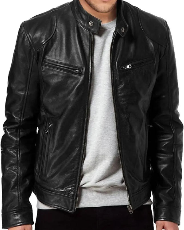Slim Fit PU Stand Collar Jacket – Autumn Motorcycle Coat for Men