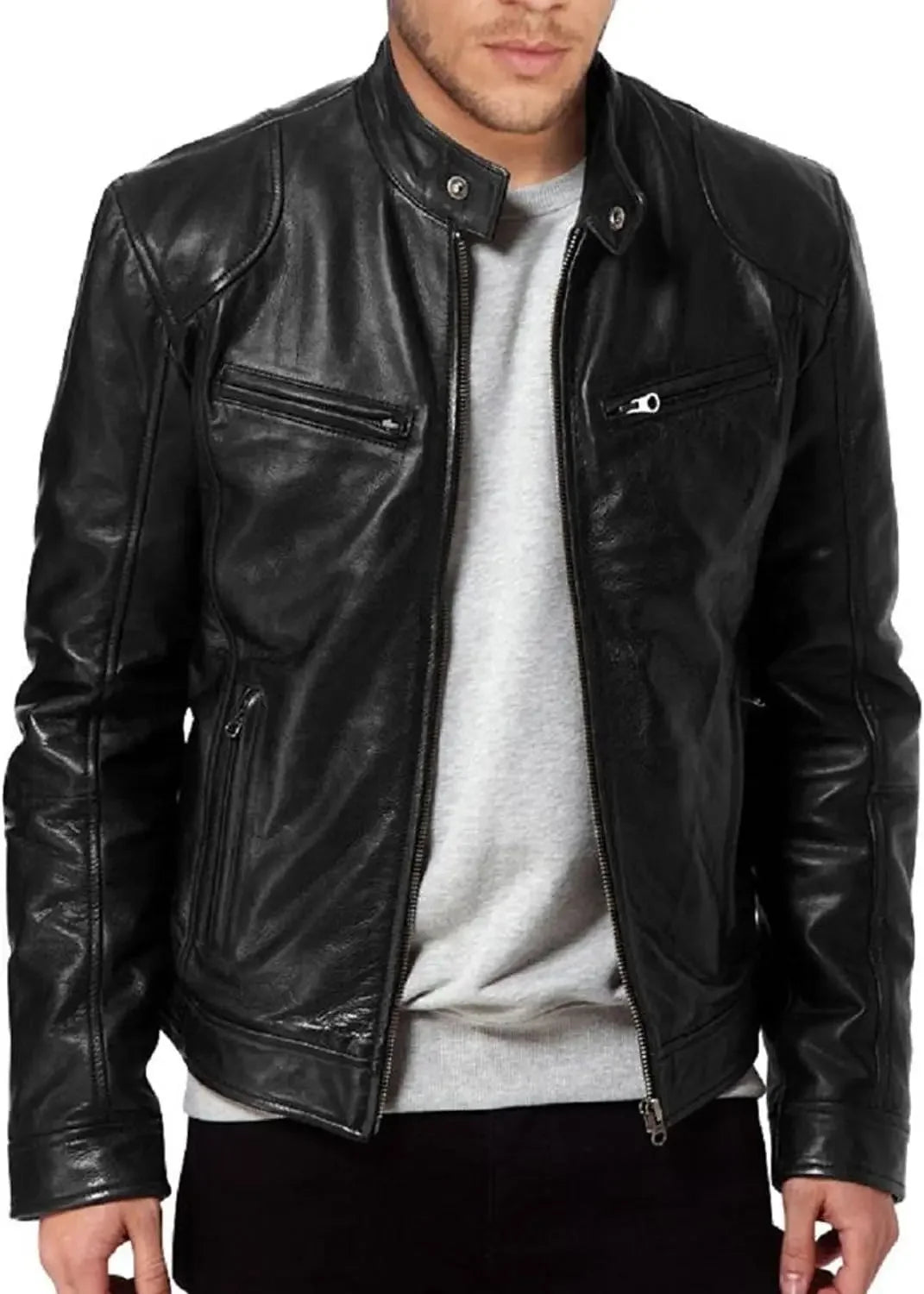 Slim Fit PU Stand Collar Jacket – Autumn Motorcycle Coat for Men-HighTouch