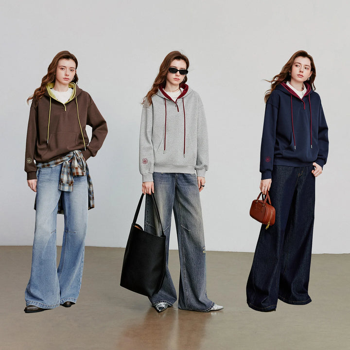 Women Embroidered Pullover Hoodie Contrast Color Casual-HighTouch