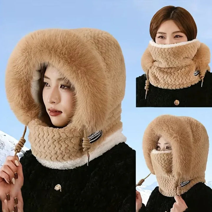 Winter Women's Plush Hooded Hat Scarf Mask 3-in-1 Ear Cover