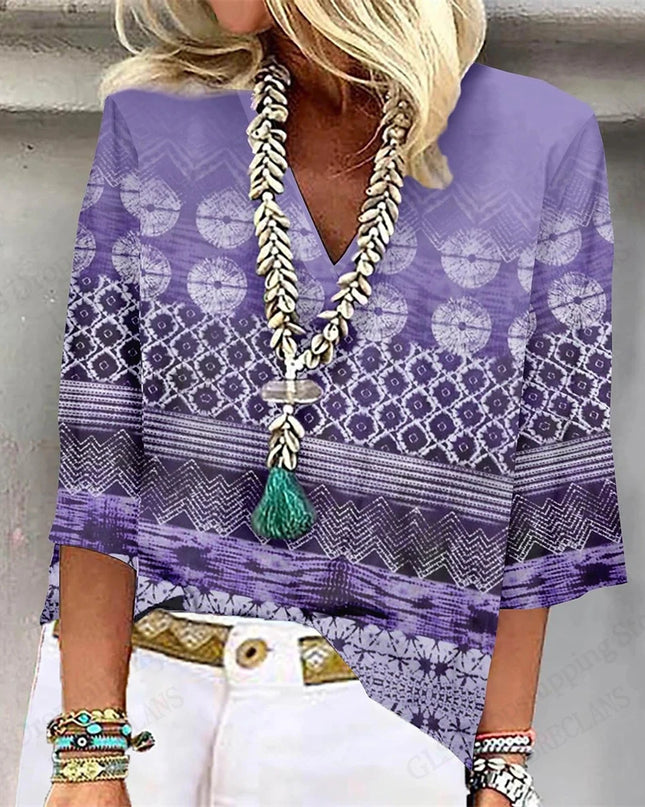 Vintage 3D Floral Oversized V‑Neck Tee – Breezy Summer Style