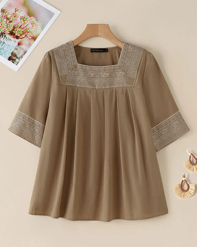 Feel Effortless Elegance Every Day in Our Square-Neck Embroidered Blouse
