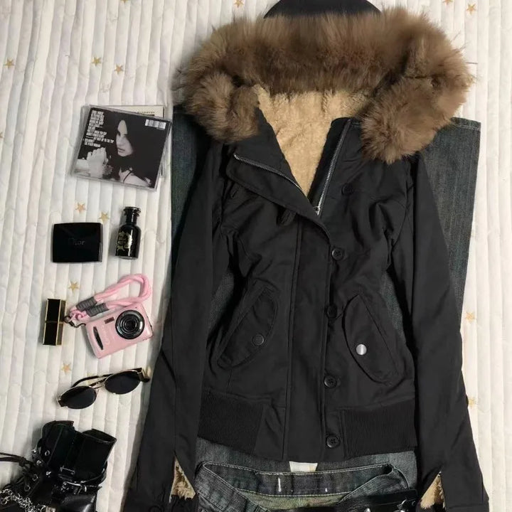 Winter Jacket Women Hooded Faux Fur Trim Fleece Lined Slim Coat