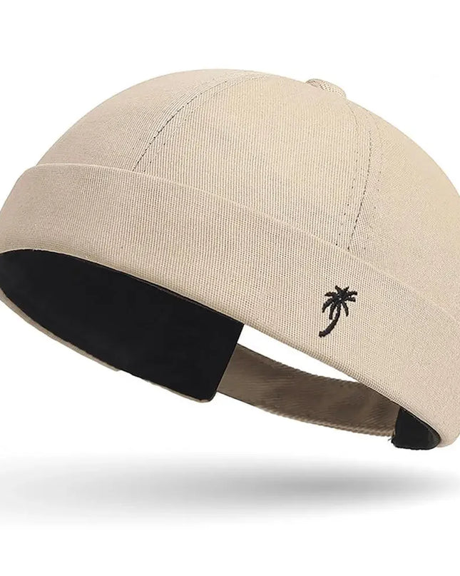 Vintage Washed Cotton Brimless Beanie Hat – Embroidered Coconut Tree (Unisex Adjustable)