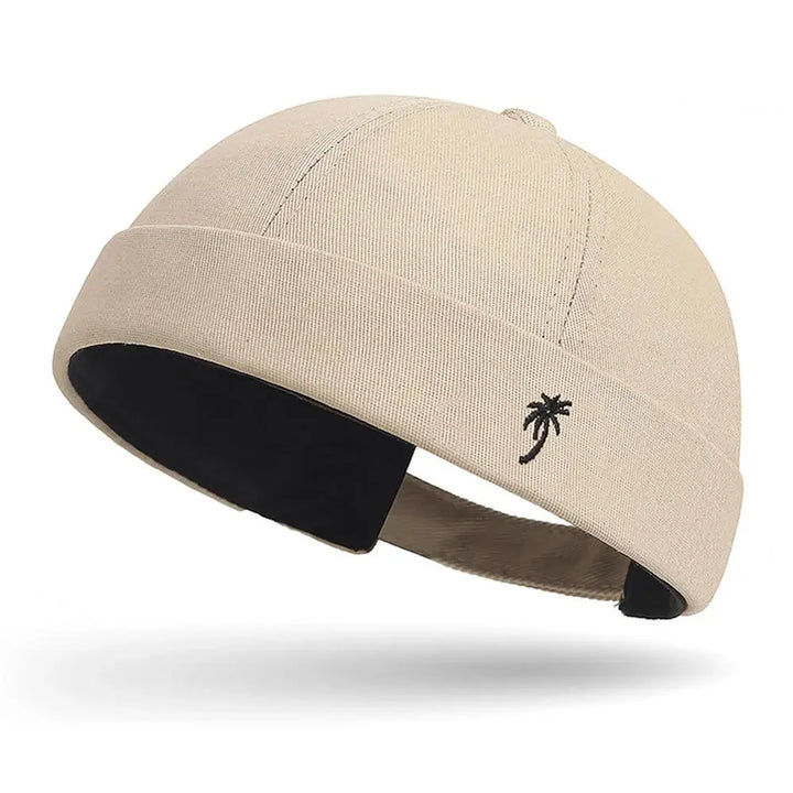 Vintage Washed Cotton Brimless Beanie Hat – Embroidered Coconut Tree (Unisex Adjustable)-HighTouch
