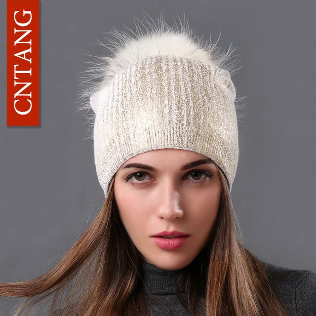 Women’s Chunky Knit Hat with Real Fur Pom Pom