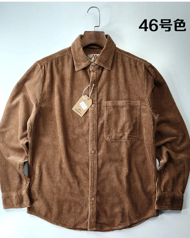 Vintage Retro Corduroy Button-Down Shirt Men –  Cotton Long Sleeve