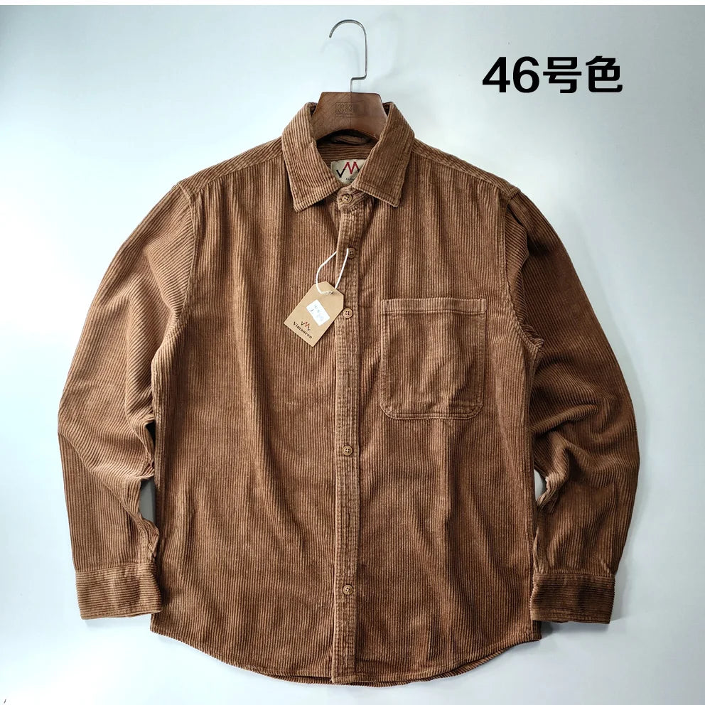 Vintage Retro Corduroy Button-Down Shirt Men –  Cotton Long Sleeve