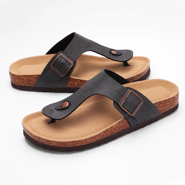 Women's Leather Cork Footbed Sandals – Adjustable Buckle Flats for All-Day Comfort