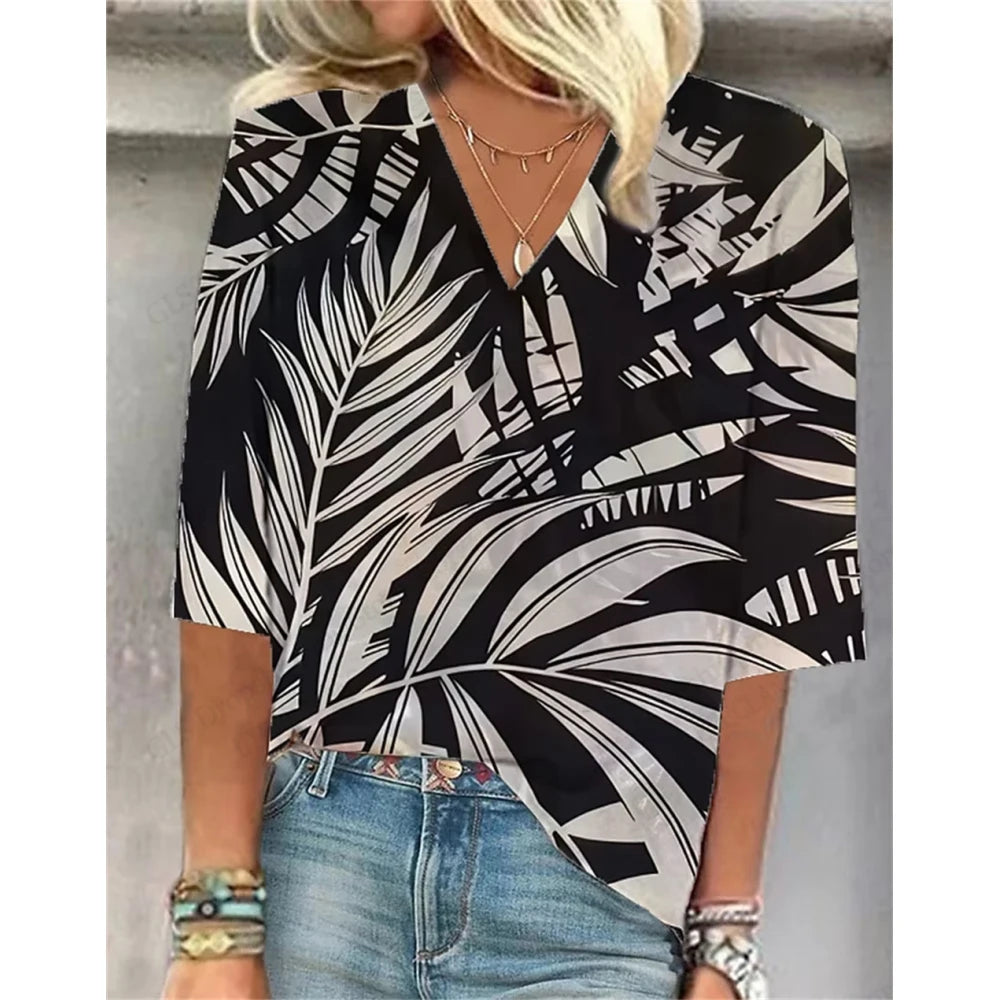 Vintage 3D Floral Oversized V‑Neck Tee – Breezy Summer Style-HighTouch