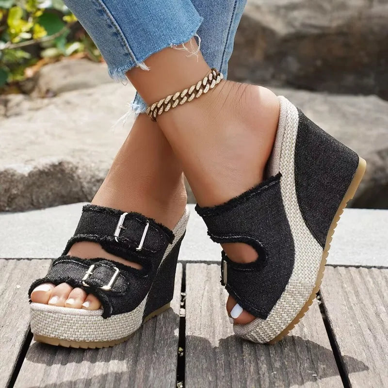 Women's Buckle Wedge Sandals Platform Comfort Shoes