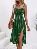 Polka-Dot Spaghetti Strap Midi Dress-HighTouch