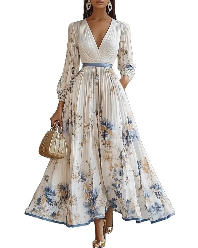 Bohemian Summer Beach Dress Sleeveless Floral Print V-Neck Flowy Maxi Dress for Women Resort Holiday Party Casual Outfit Fashion