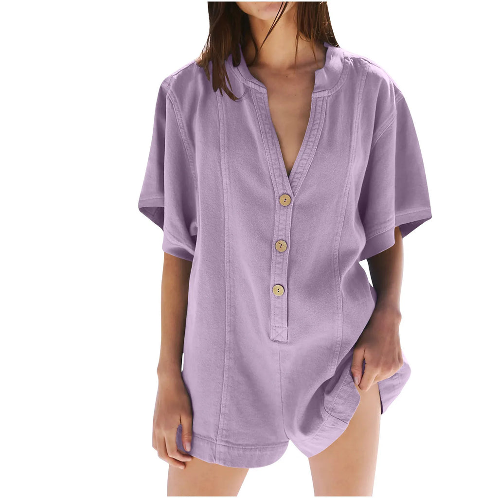 Plus‑Size Button‑Front Short‑Sleeve Romper-HighTouch