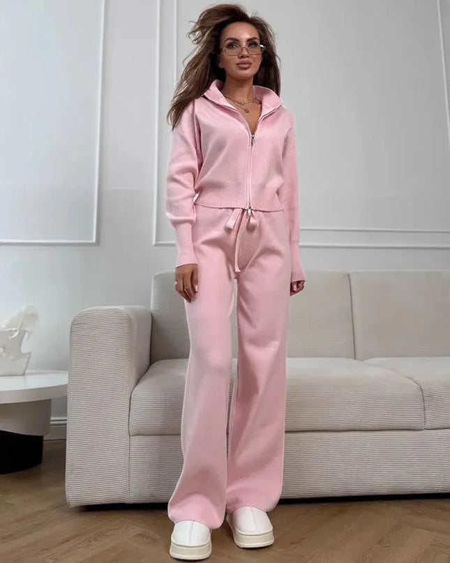 Knit Zip-Up Cardigan & Wide-Leg Pants Set